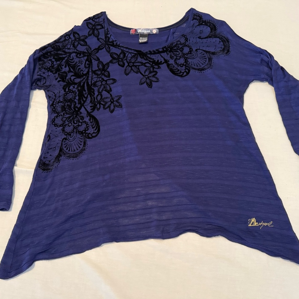 Desigual Long Sleeve Top in Purple with Black Floral Accents